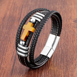 Pulseira masculina de couro cruz com pedras naturais - TUDOPARATI