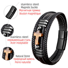 Pulseira masculina de couro cruz com pedras naturais - TUDOPARATI