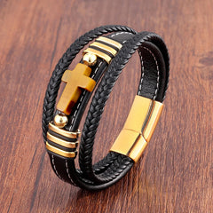 Pulseira masculina de couro cruz com pedras naturais - TUDOPARATI