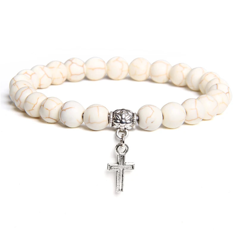 Trendy Men Beads Bracelet Slivers Color Cross Pendant Bracelet Natural Stone Bracelets Charm for Women Healing Prayer Jewelry - TUDOPARATI