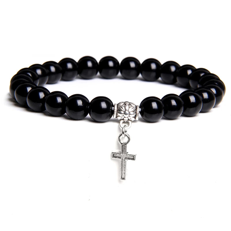 Trendy Men Beads Bracelet Slivers Color Cross Pendant Bracelet Natural Stone Bracelets Charm for Women Healing Prayer Jewelry - TUDOPARATI