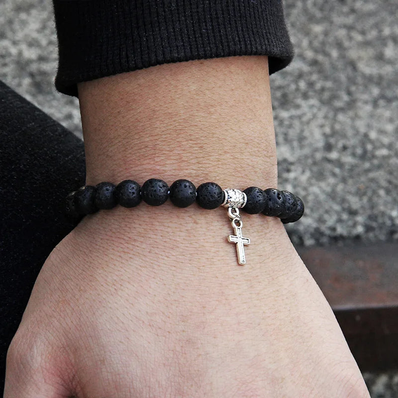 Trendy Men Beads Bracelet Slivers Color Cross Pendant Bracelet Natural Stone Bracelets Charm for Women Healing Prayer Jewelry - TUDOPARATI