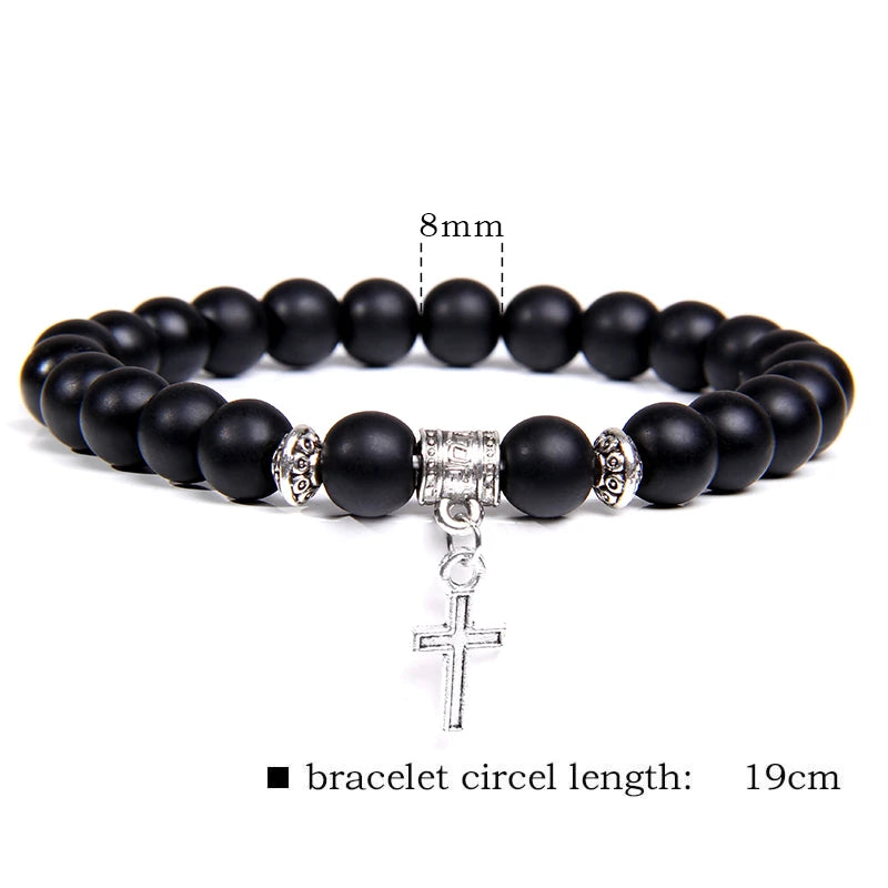 Trendy Men Beads Bracelet Slivers Color Cross Pendant Bracelet Natural Stone Bracelets Charm for Women Healing Prayer Jewelry - TUDOPARATI