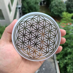 Pedra Natural Selenita Placa De Carregamento, Flor Da Vida, Padrão De Ouro, Energia De Cura, Meditação Fengshui, 7 Chakra - TUDOPARATI