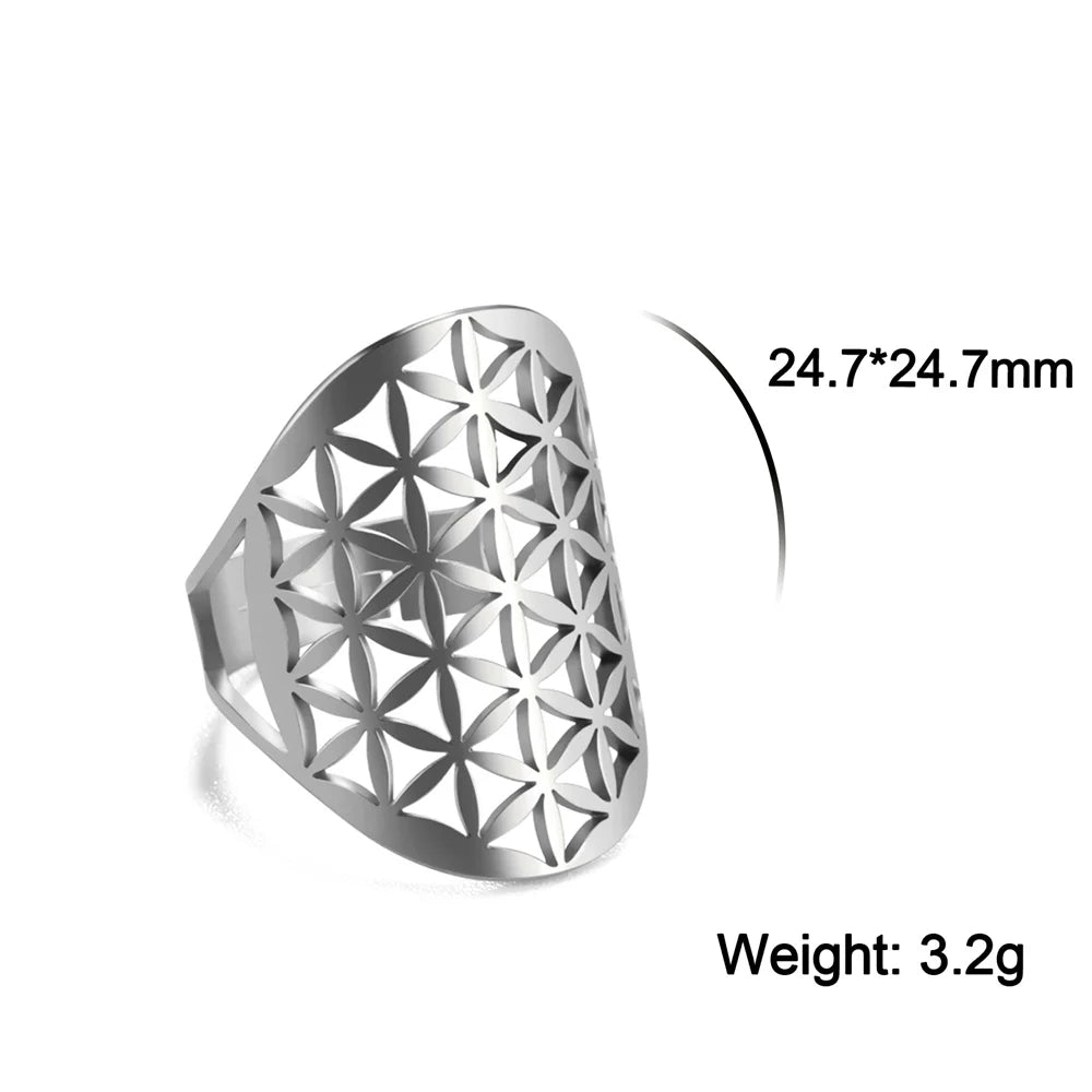 Anel de flor da vida de aço inoxidável oco arcanjo amuleto anel de dedo ajustável geometria sagrada wicca jóias para mulheres homens - TUDOPARATI