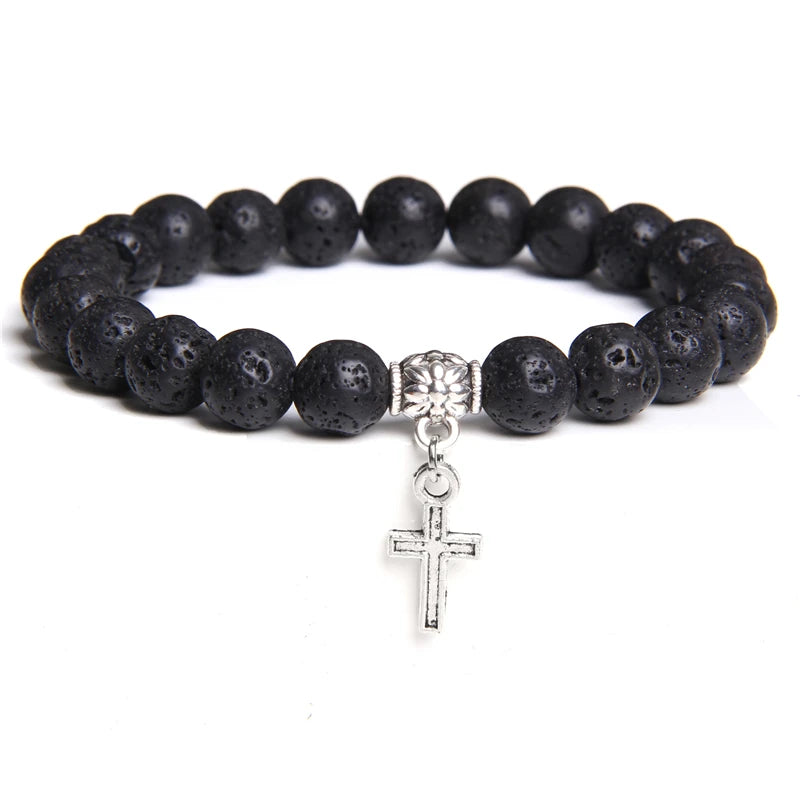 Trendy Men Beads Bracelet Slivers Color Cross Pendant Bracelet Natural Stone Bracelets Charm for Women Healing Prayer Jewelry - TUDOPARATI