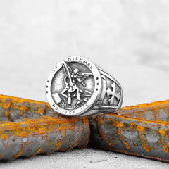 Arcanjel religião amuleto cruz anel cor de ouro aço inoxidável anéis masculinos punk para masculino namorado motociclista jóias criatividade presente - TUDOPARATI