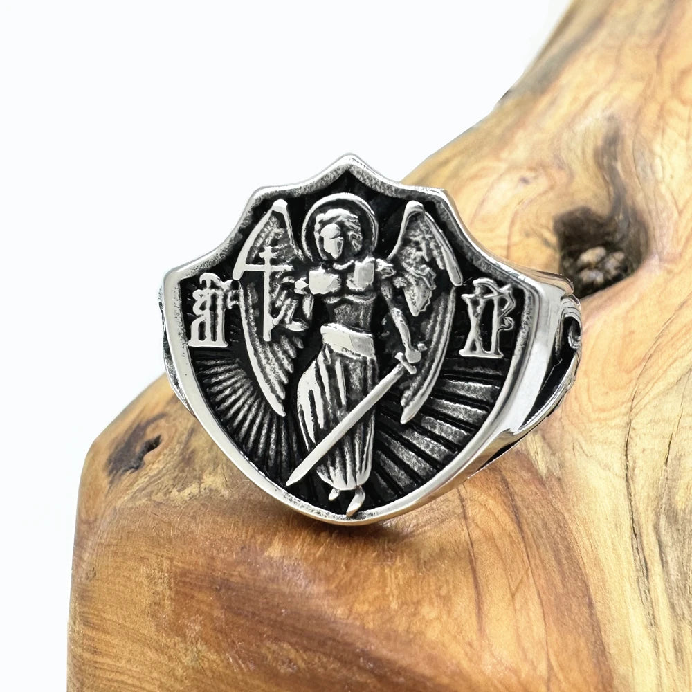 Anel sólido de São Miguel para homem joias de aço inoxidável 316L anel de anjo tamanho 7-13 - TUDOPARATI