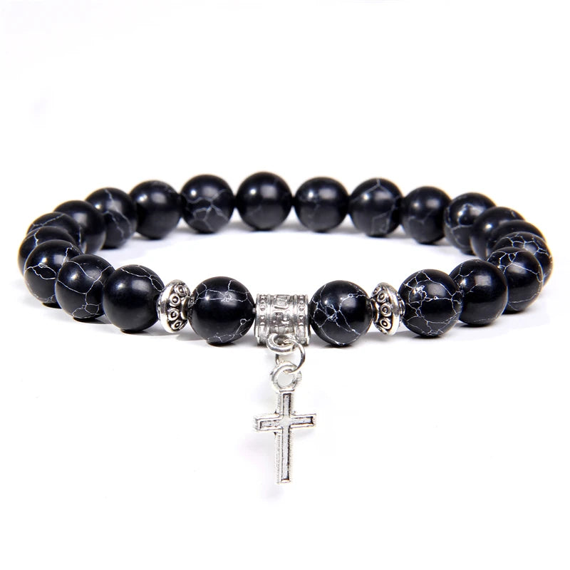 Trendy Men Beads Bracelet Slivers Color Cross Pendant Bracelet Natural Stone Bracelets Charm for Women Healing Prayer Jewelry - TUDOPARATI