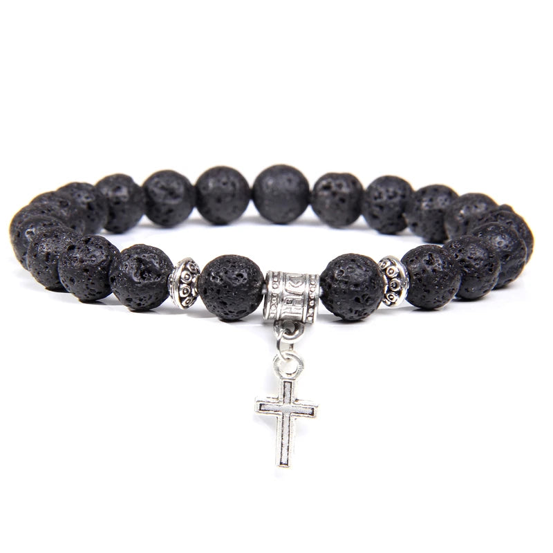Trendy Men Beads Bracelet Slivers Color Cross Pendant Bracelet Natural Stone Bracelets Charm for Women Healing Prayer Jewelry - TUDOPARATI