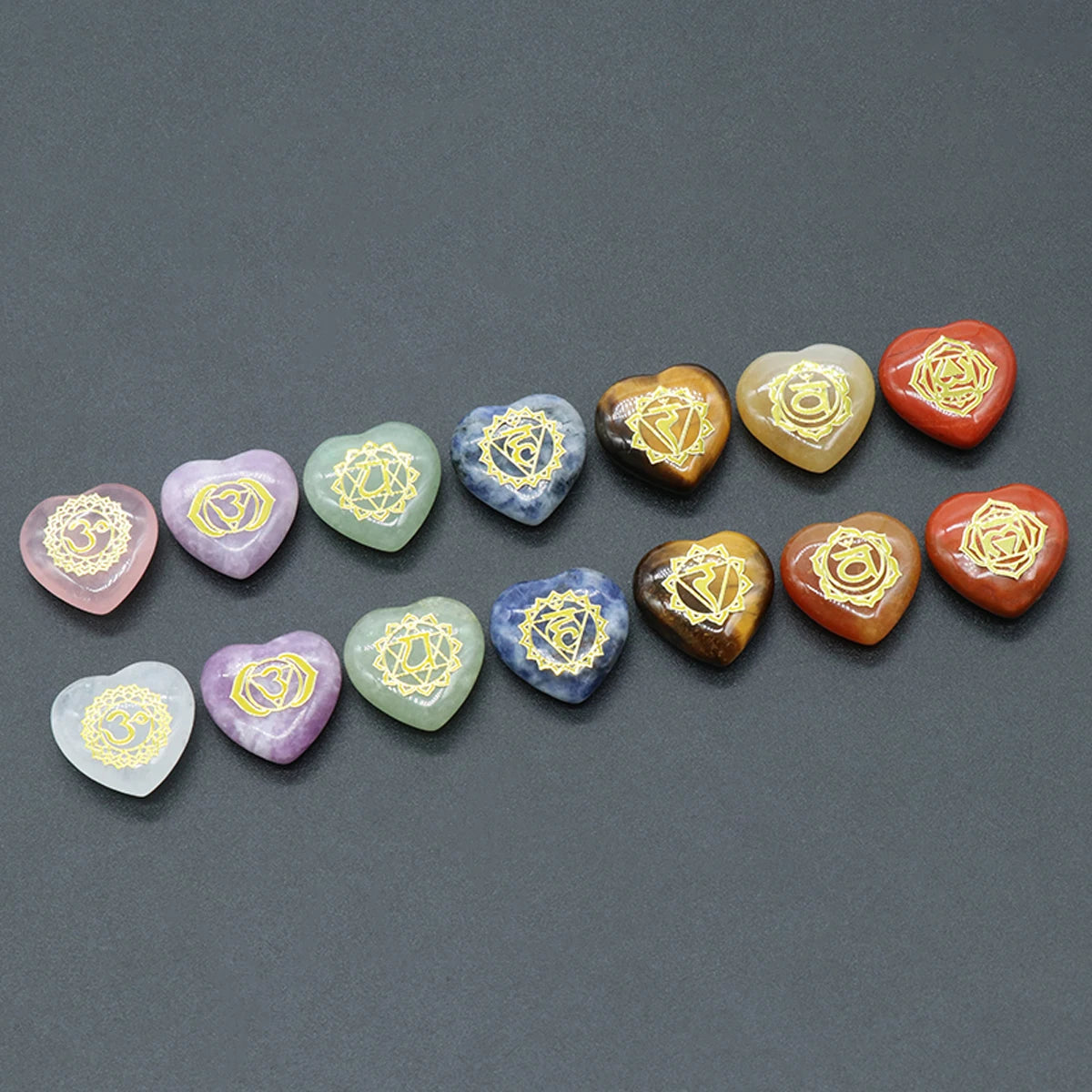 Natural Stone Heart Shape Ornament, 7 Chakra, Ametista, Olho de Tigre, Energia Gravada Símbolos, Adivinhação Reiki, Cura, 20x20mm, 7 pcs por pacote - TUDOPARATI