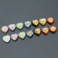 Natural Stone Heart Shape Ornament, 7 Chakra, Ametista, Olho de Tigre, Energia Gravada Símbolos, Adivinhação Reiki, Cura, 20x20mm, 7 pcs por pacote - TUDOPARATI