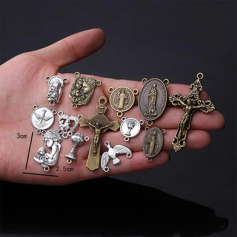 Vintage Bronze Connector Colar Pulseira, Rosário Católica, Muitos Jesus Cristo Estátua, Pulseira Triângulo, 10Pcs - TUDOPARATI