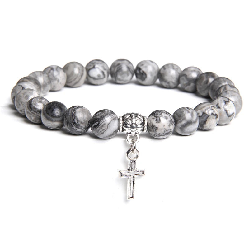 Trendy Men Beads Bracelet Slivers Color Cross Pendant Bracelet Natural Stone Bracelets Charm for Women Healing Prayer Jewelry - TUDOPARATI