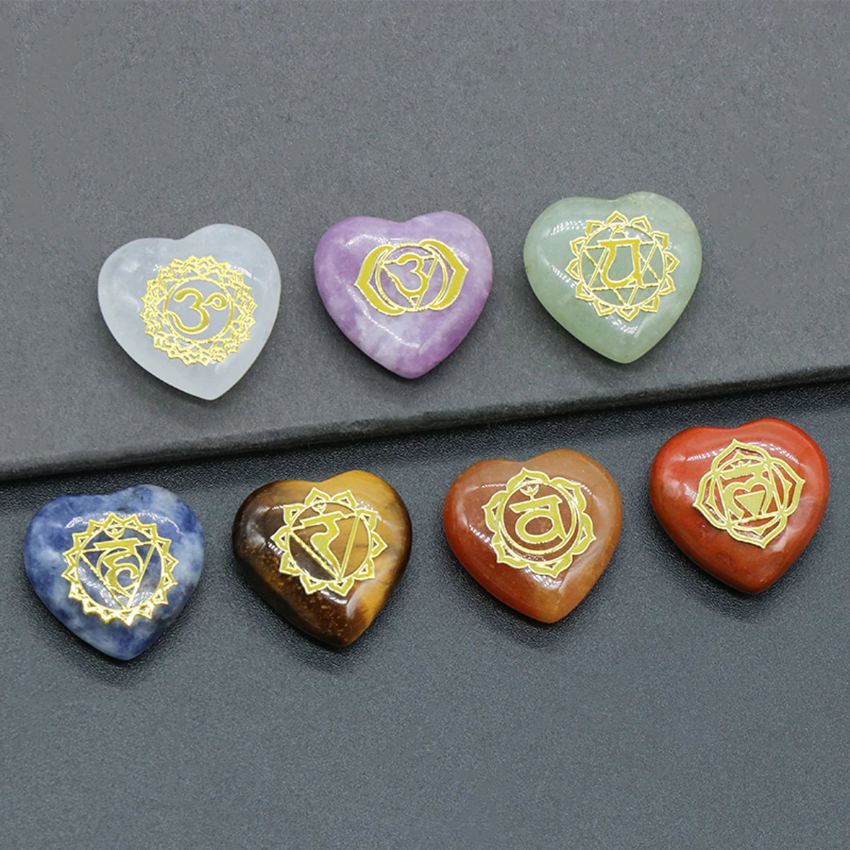 Natural Stone Heart Shape Ornament, 7 Chakra, Ametista, Olho de Tigre, Energia Gravada Símbolos, Adivinhação Reiki, Cura, 20x20mm, 7 pcs por pacote - TUDOPARATI