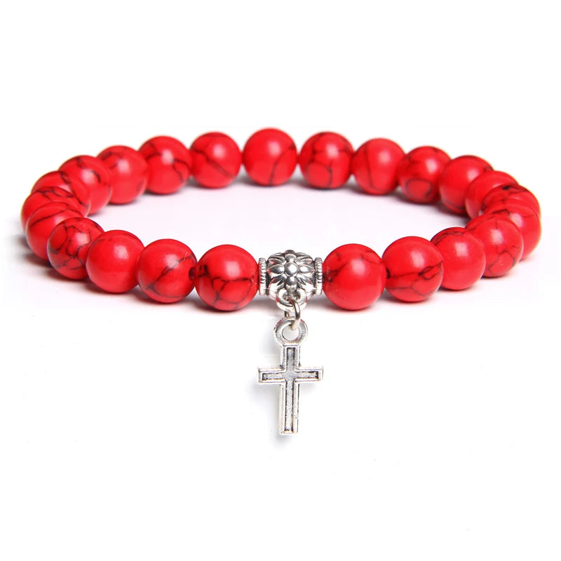 Trendy Men Beads Bracelet Slivers Color Cross Pendant Bracelet Natural Stone Bracelets Charm for Women Healing Prayer Jewelry - TUDOPARATI