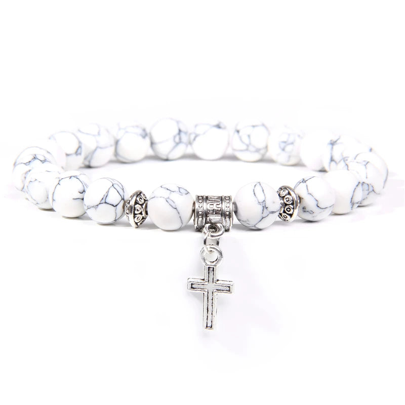 Trendy Men Beads Bracelet Slivers Color Cross Pendant Bracelet Natural Stone Bracelets Charm for Women Healing Prayer Jewelry - TUDOPARATI