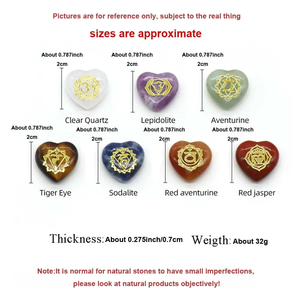 Natural Stone Heart Shape Ornament, 7 Chakra, Ametista, Olho de Tigre, Energia Gravada Símbolos, Adivinhação Reiki, Cura, 20x20mm, 7 pcs por pacote - TUDOPARATI