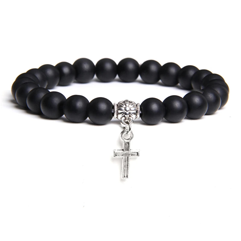 Trendy Men Beads Bracelet Slivers Color Cross Pendant Bracelet Natural Stone Bracelets Charm for Women Healing Prayer Jewelry - TUDOPARATI