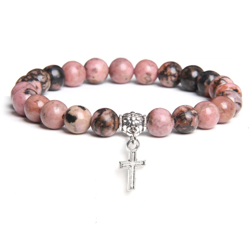 Trendy Men Beads Bracelet Slivers Color Cross Pendant Bracelet Natural Stone Bracelets Charm for Women Healing Prayer Jewelry - TUDOPARATI