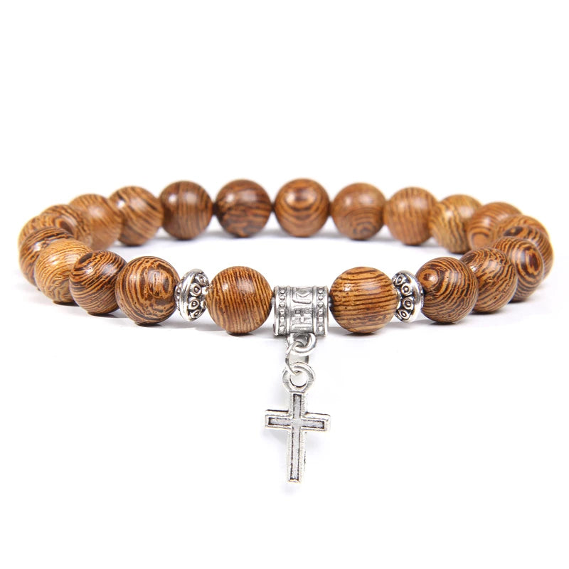 Trendy Men Beads Bracelet Slivers Color Cross Pendant Bracelet Natural Stone Bracelets Charm for Women Healing Prayer Jewelry - TUDOPARATI