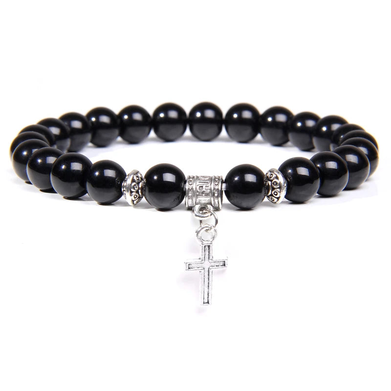Trendy Men Beads Bracelet Slivers Color Cross Pendant Bracelet Natural Stone Bracelets Charm for Women Healing Prayer Jewelry - TUDOPARATI