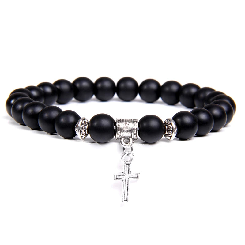 Trendy Men Beads Bracelet Slivers Color Cross Pendant Bracelet Natural Stone Bracelets Charm for Women Healing Prayer Jewelry - TUDOPARATI