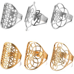 Anel de flor da vida de aço inoxidável oco arcanjo amuleto anel de dedo ajustável geometria sagrada wicca jóias para mulheres homens - TUDOPARATI
